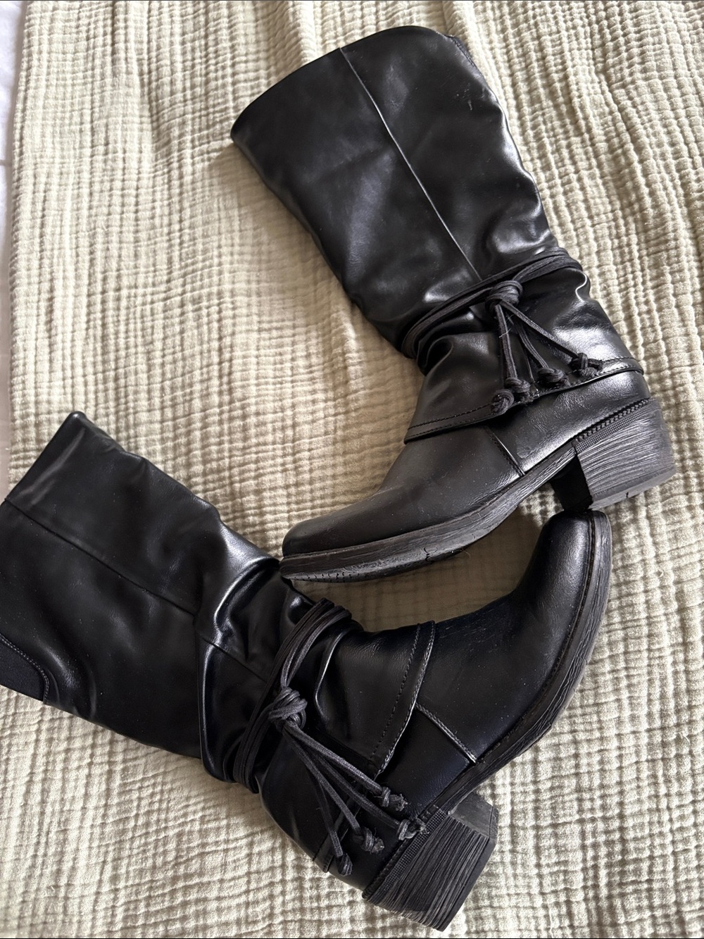 Women's Black Mid-Calf Heeled Leather Boots with Wrap Tie Detail